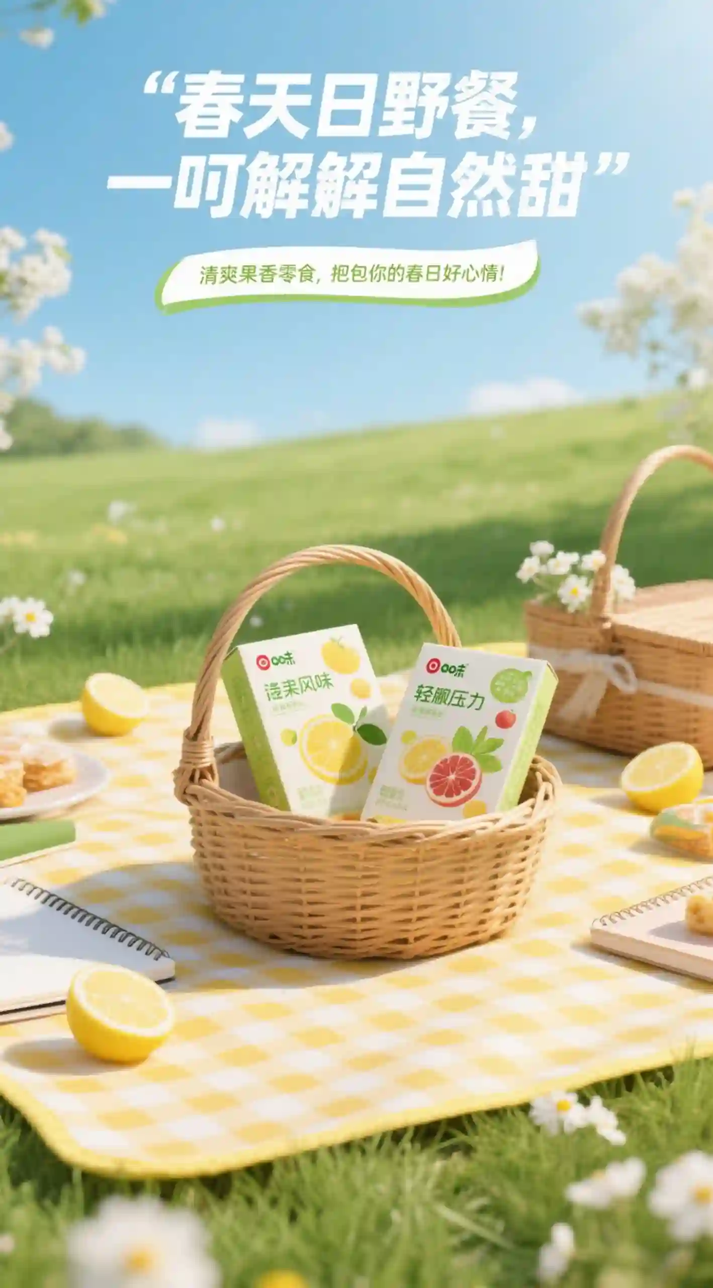 春日野餐果香零食产品海报