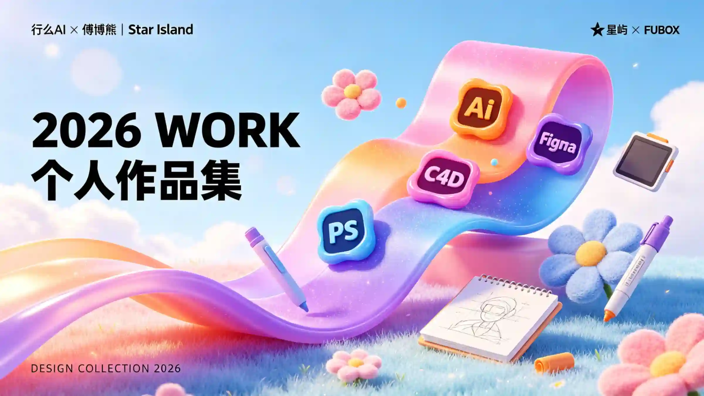 彩虹渐变毛绒飘带作品集封面