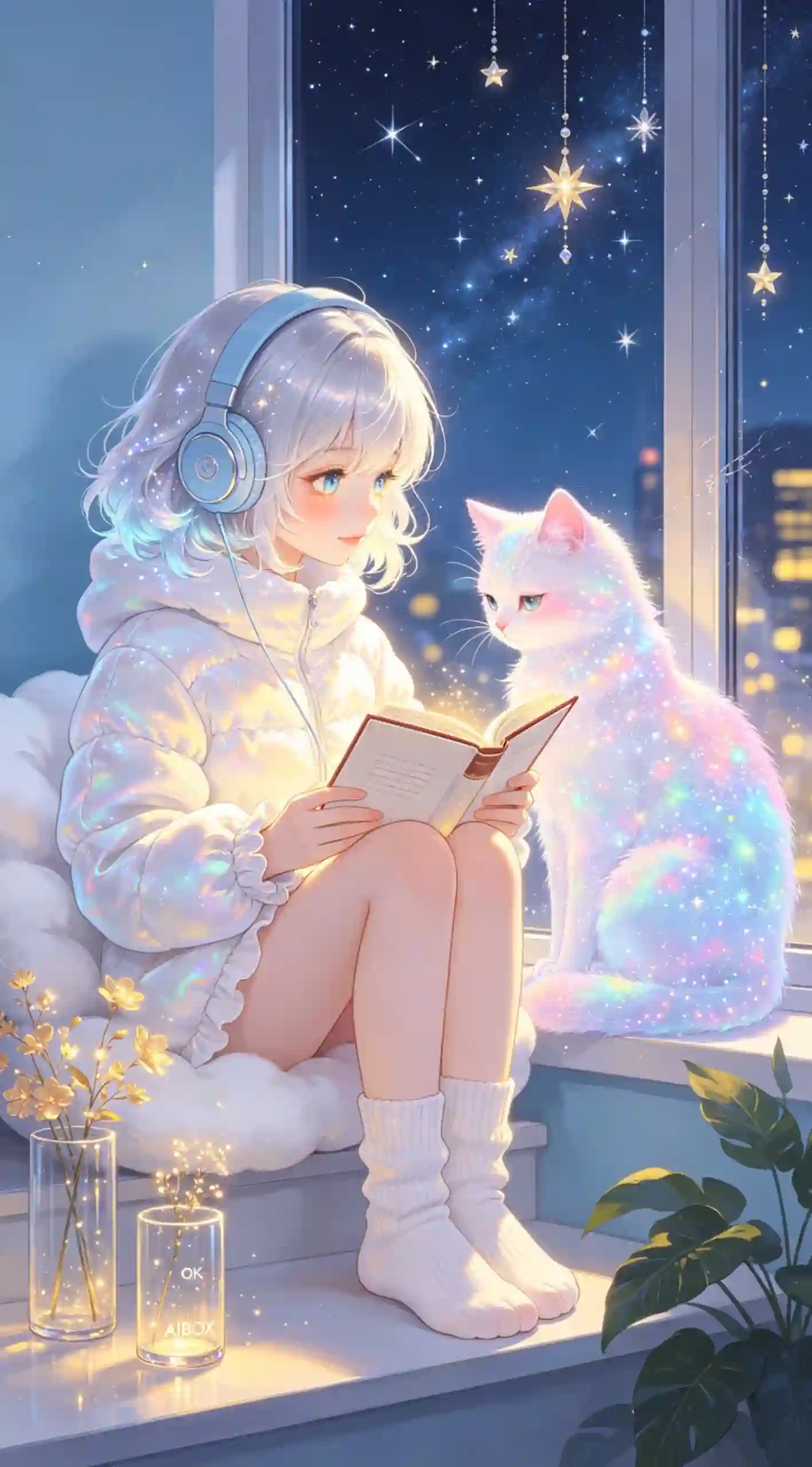 窗边星夜白猫少女梦幻治愈二次元插画