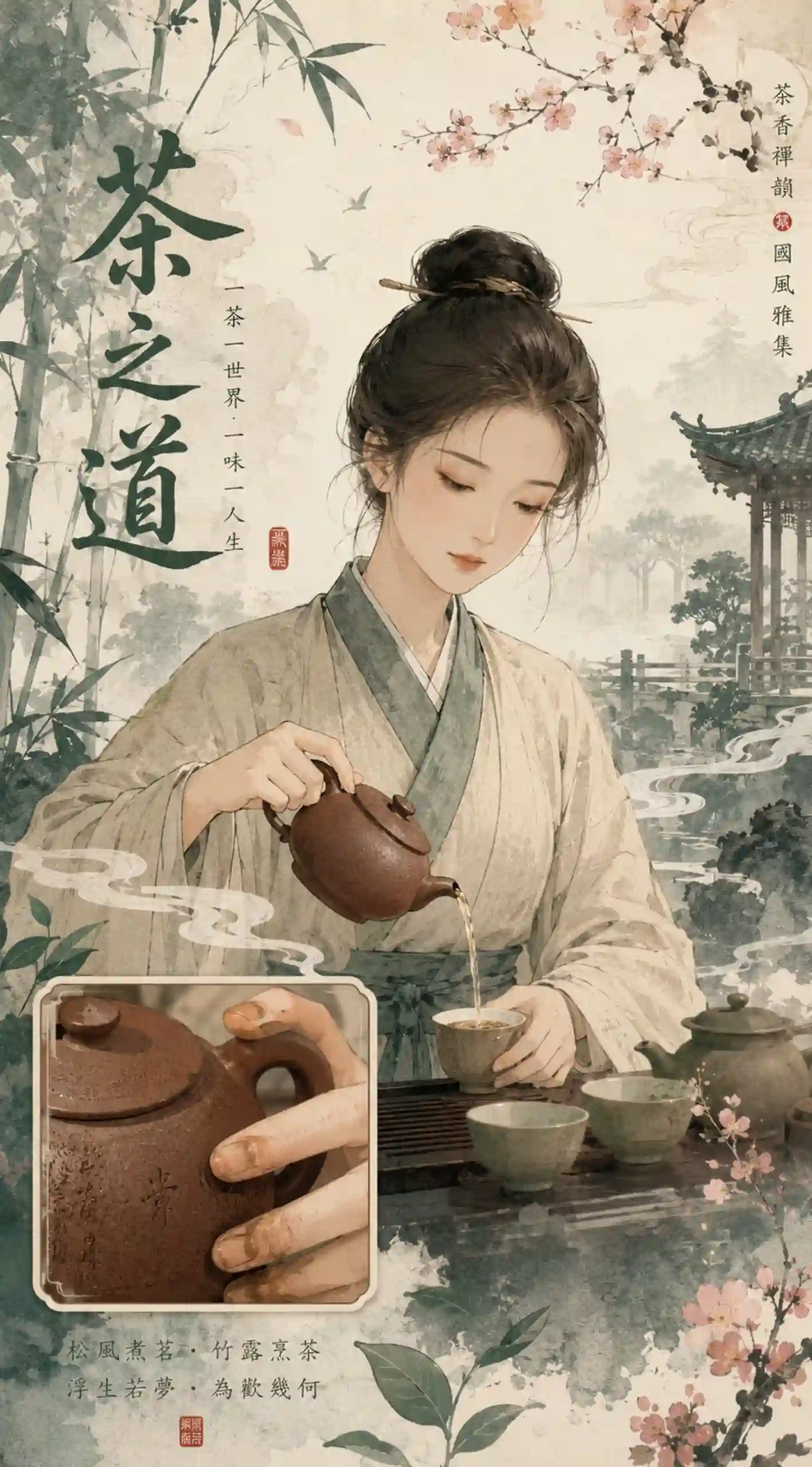 茶之道水墨新中式禅意茶艺插画