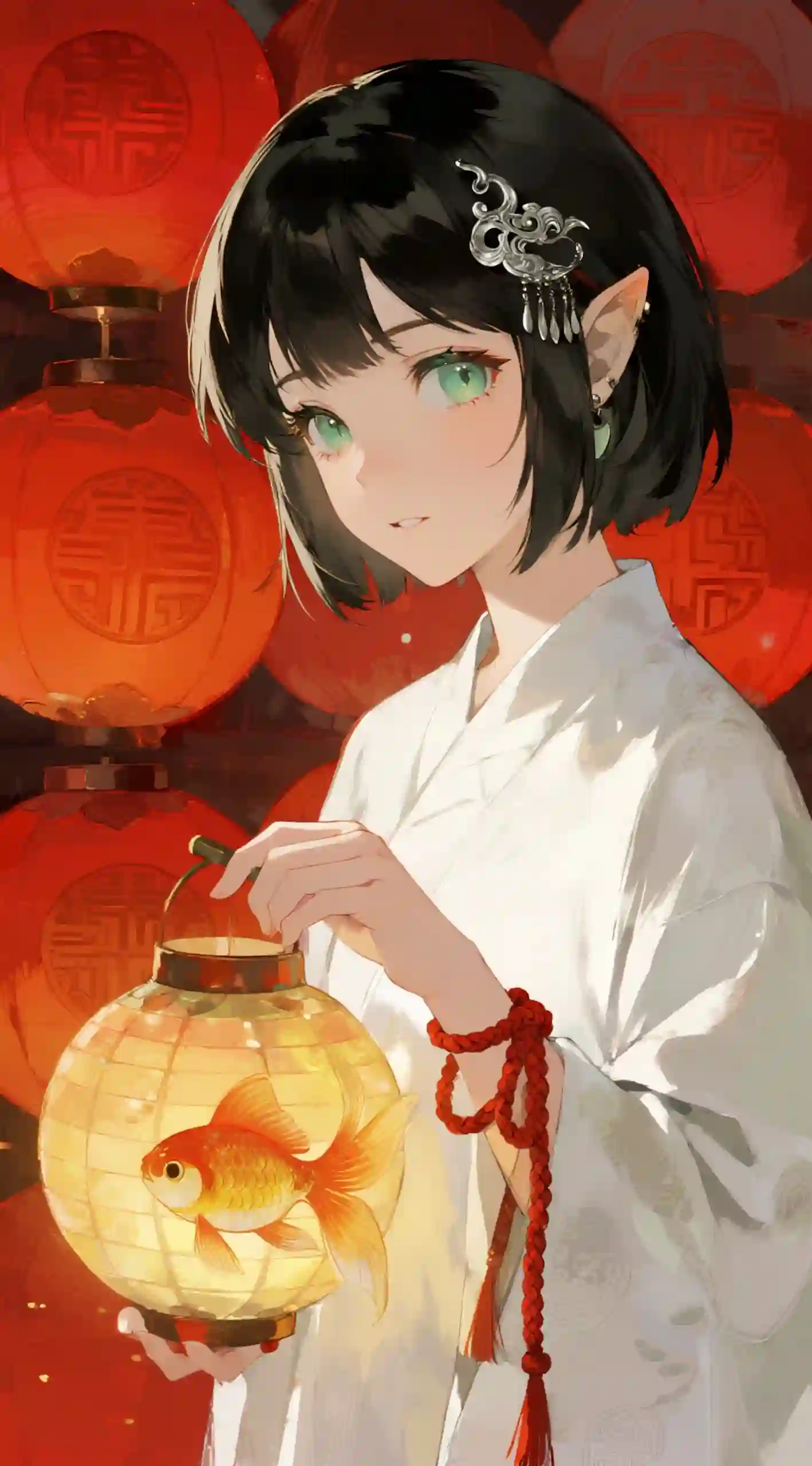 红灯笼金鱼提灯精灵少女国潮古风二次元插画
