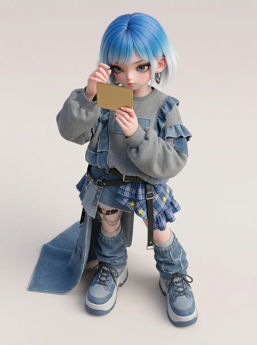 蓝发潮酷Q版少女对镜补妆